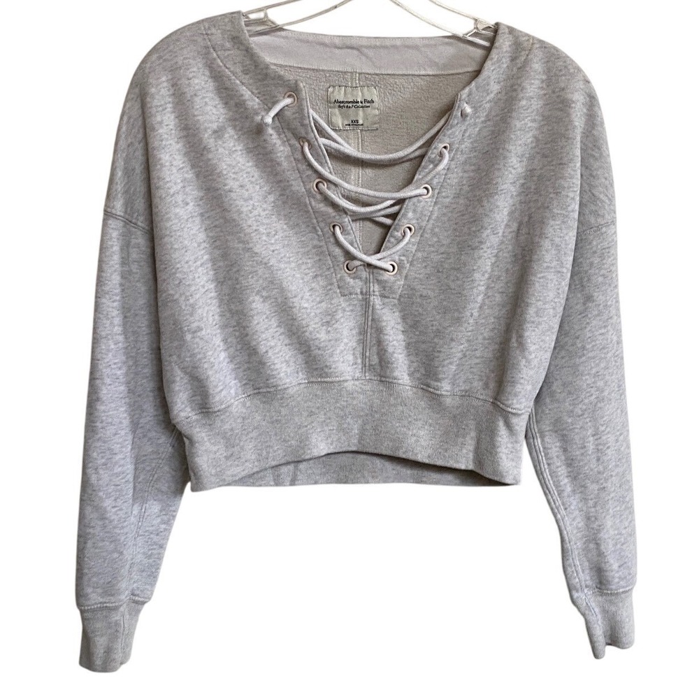 Abercrombie Fitch Lace Up Cropped Sweatshirt Light Grey XXS Soft A&F‎ Collection
